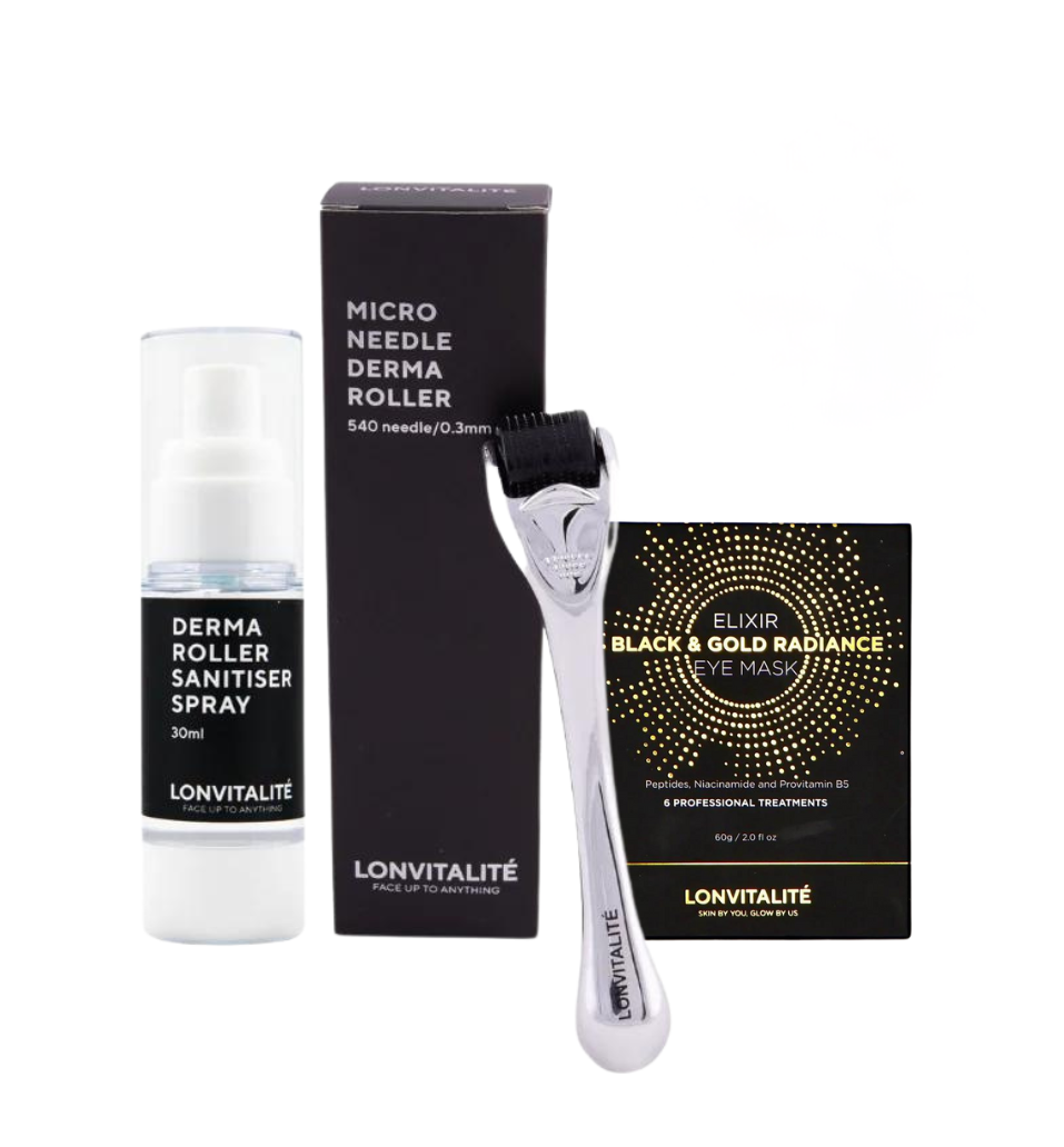 Lonvitalite Black & Gold Eye Masks & Derma Roller Bundle
