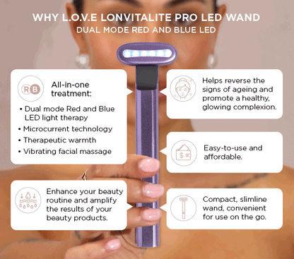 Instructional image showing how to use the LONVITALITE PRO LED Facial Wand for skin therapy
